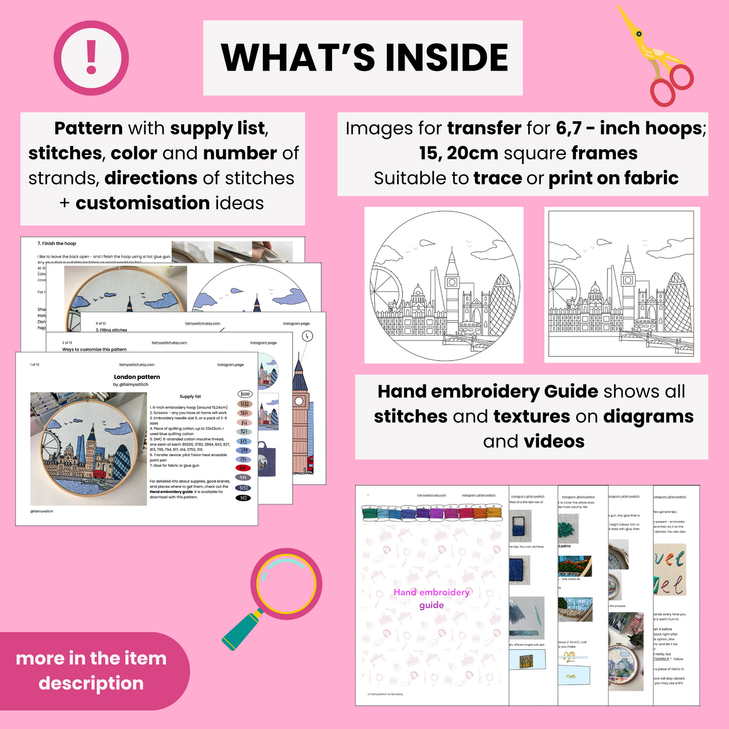 Hand embroidery kit with pattern, supply list, and guide on a pink background