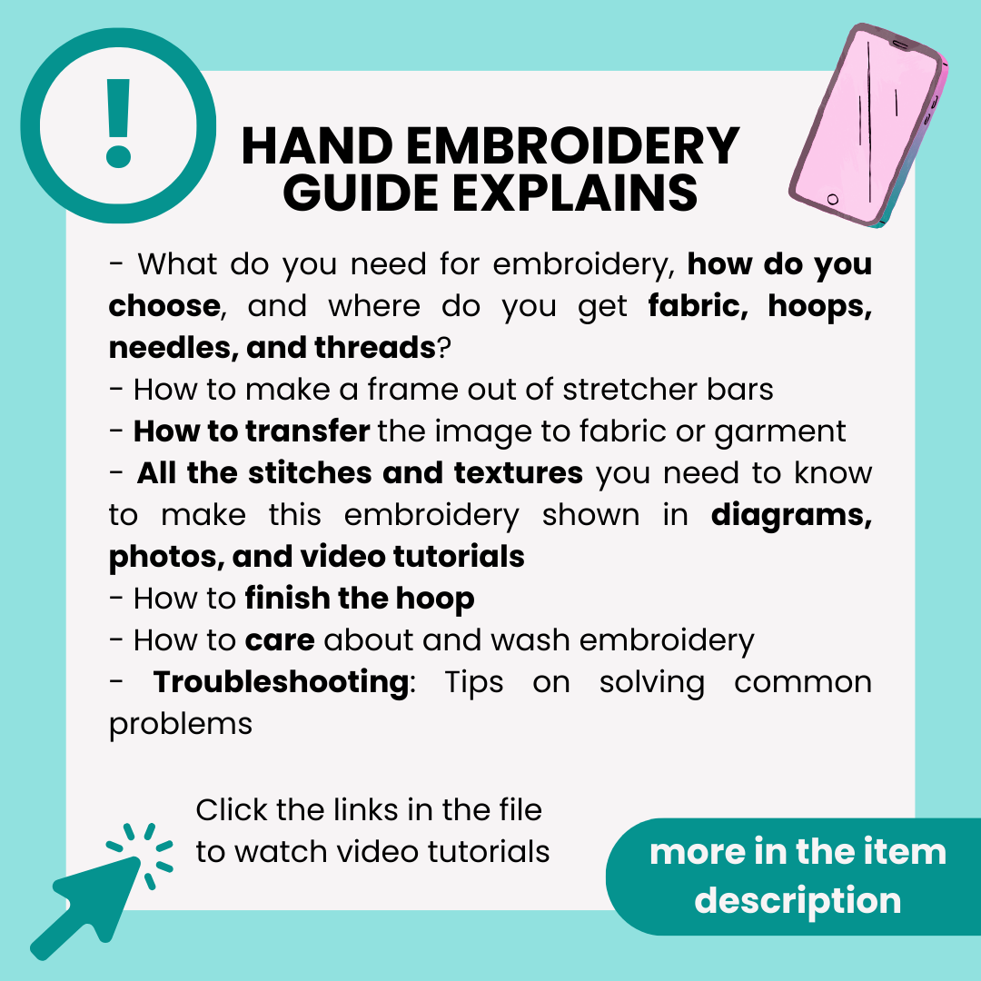 Hand embroidery guide with text and a pink phone on a teal background