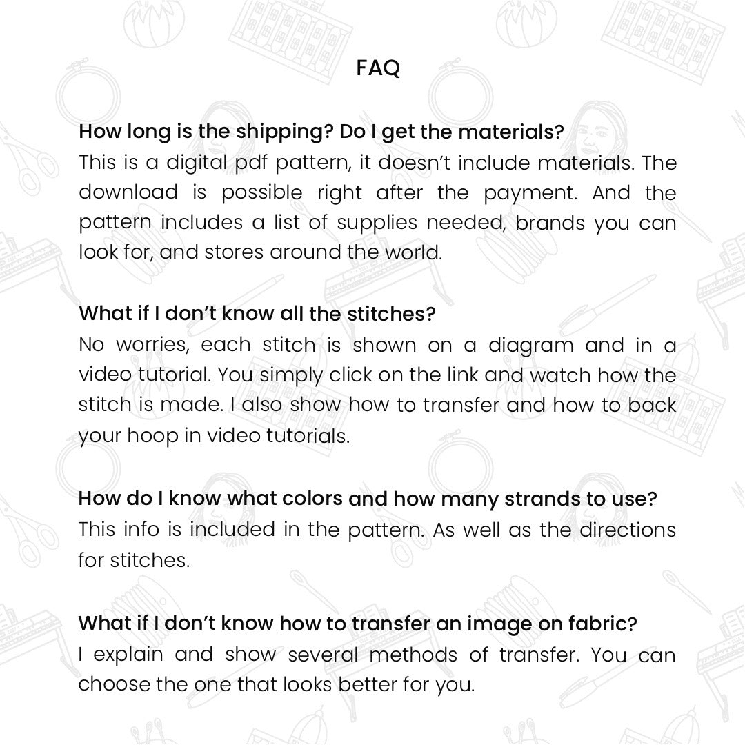 FAQ section about a digital pdf pattern for embroidery, including shipping, materials, and tutorials.