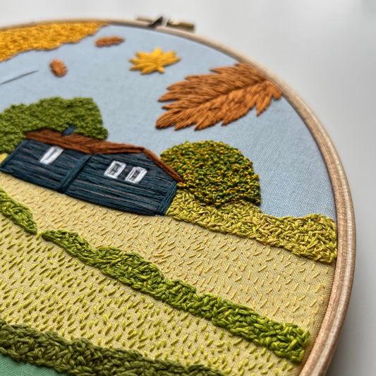 Fall Farm landscape. Hand embroidery pattern PDF faimyxstitch