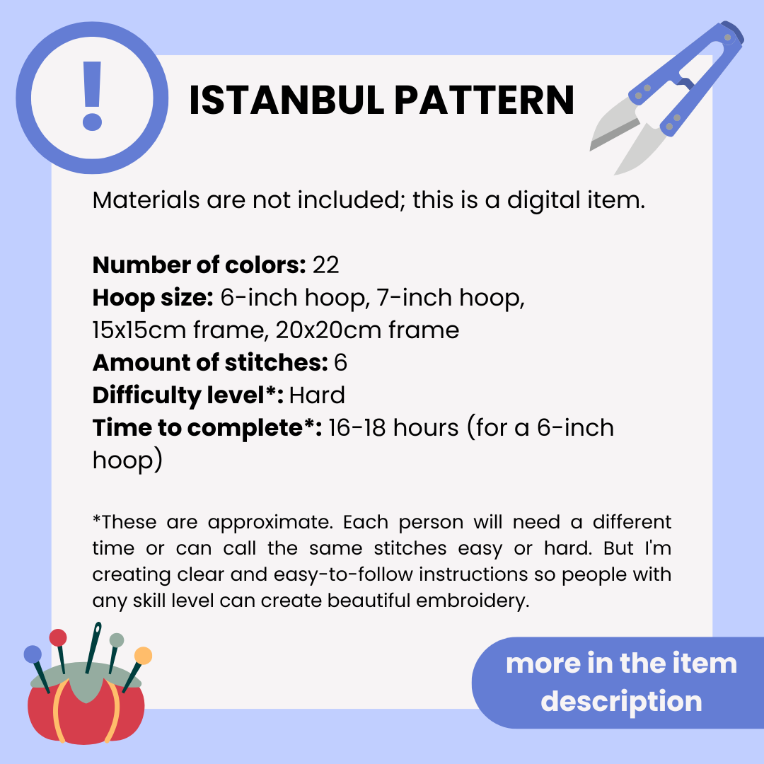 Informational text about Istanbul Pattern with embroidery tools on a blue background