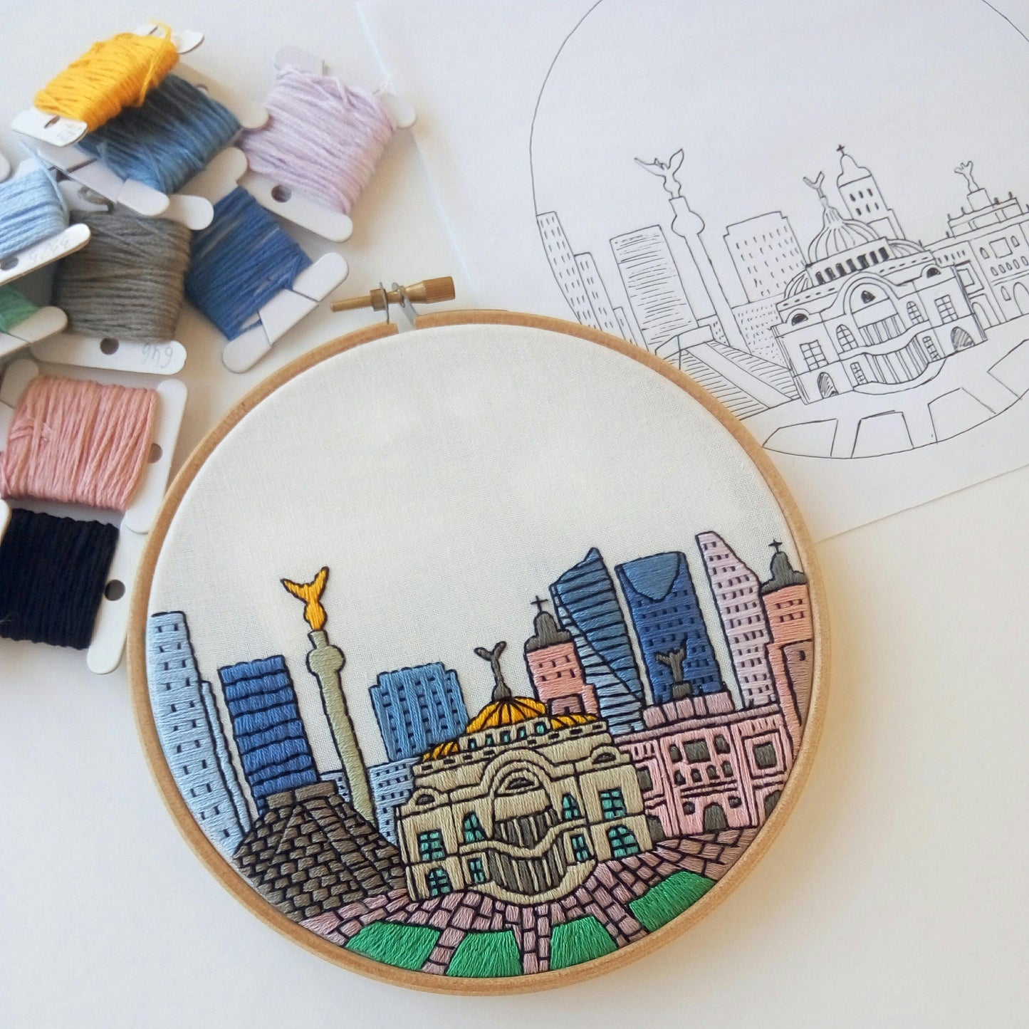 Mexico City, Mexico, Cityscape - Hand Embroidery Pattern (PDF)