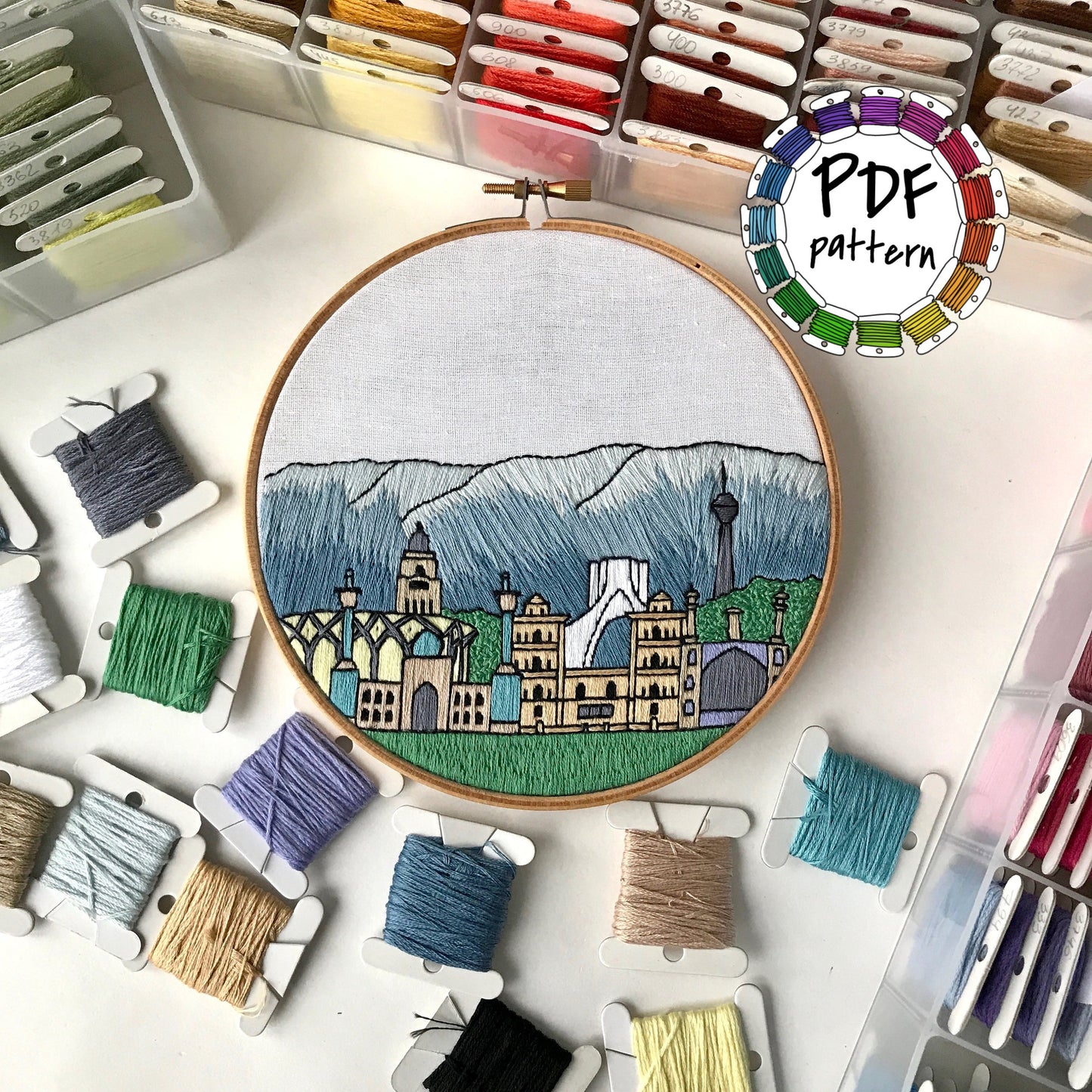 Tehran, Iran, Cityscape - Hand Embroidery Pattern (PDF)