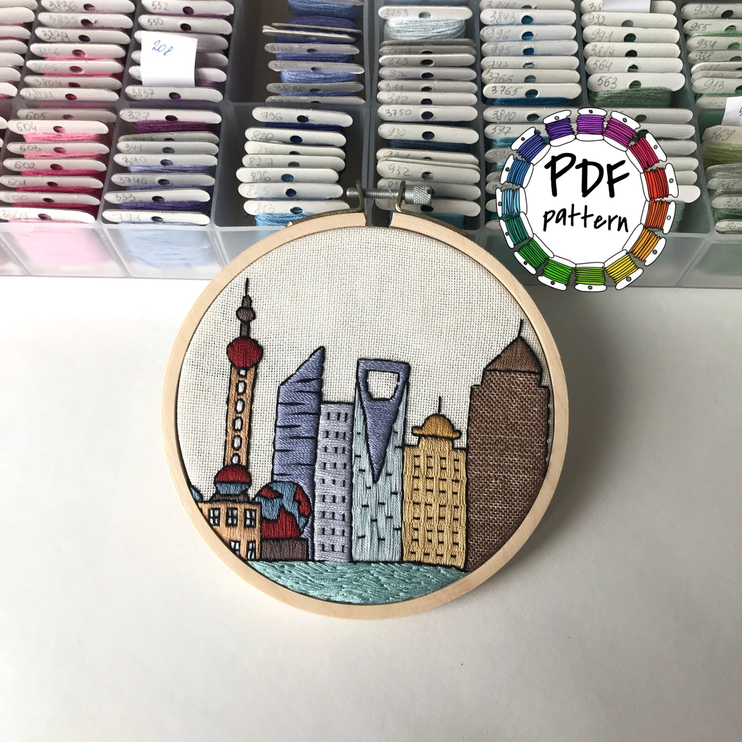 Shanghai, China, Cityscape - Hand Embroidery Pattern (PDF)