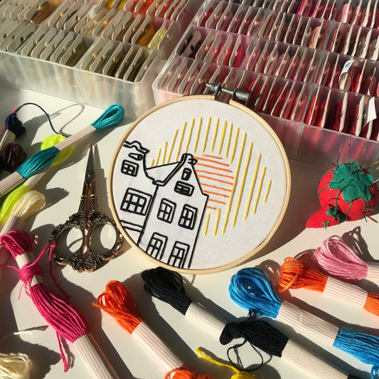 Houses and Sun, Architecture - Hand Embroidery Pattern (PDF) faimyxstitch.com