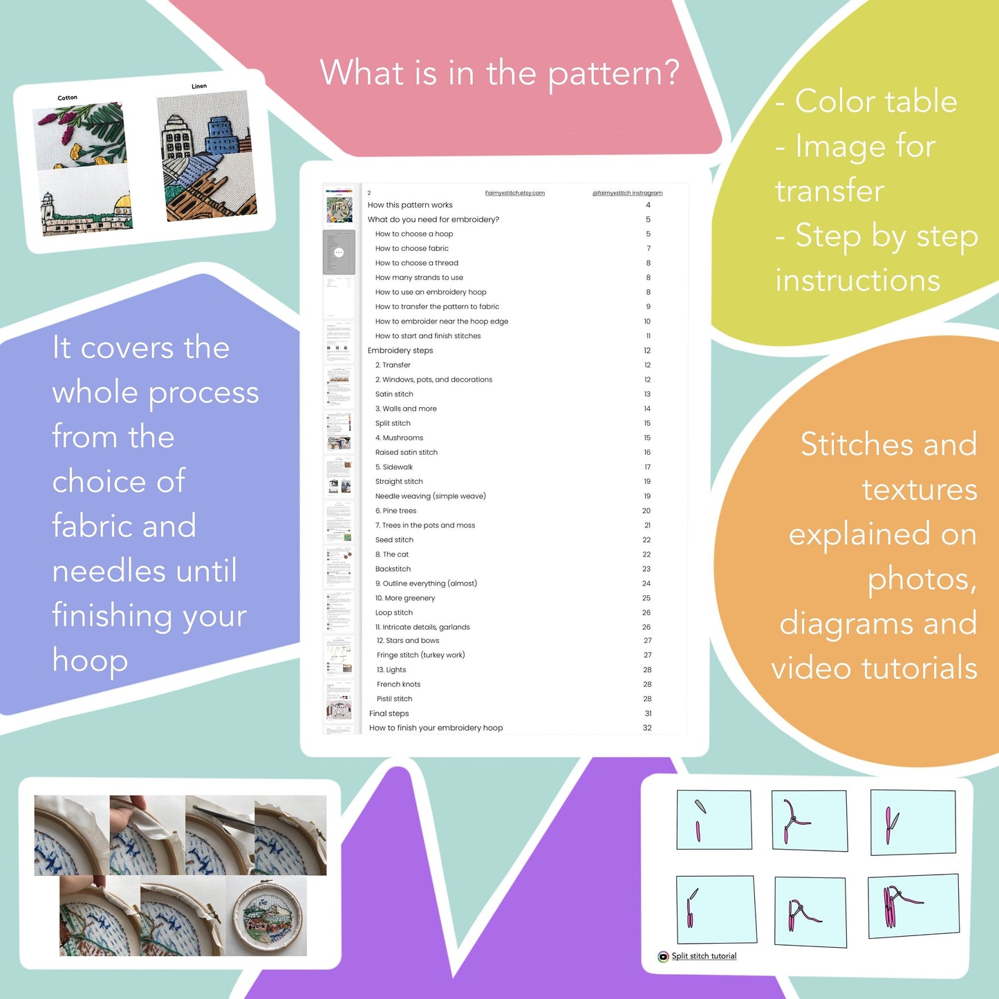 Festive Street and a Cat - Hand Embroidery Pattern (PDF) faimyxstitch.com