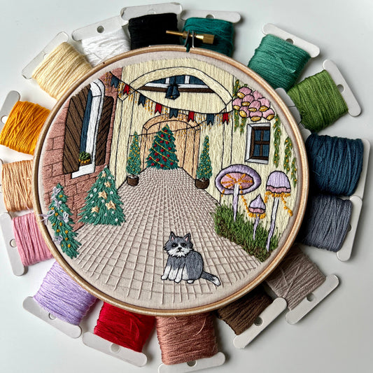 Festive Street and a Cat - Hand Embroidery Pattern (PDF) faimyxstitch.com