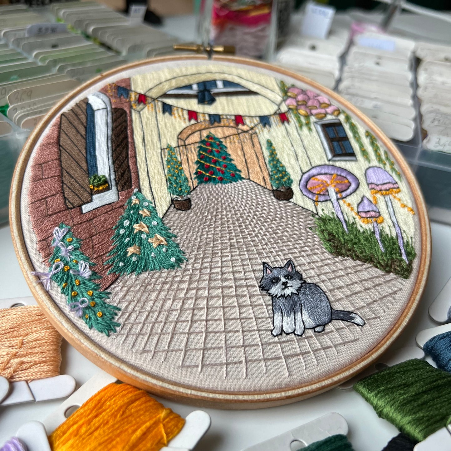 Festive Street and a Cat - Hand Embroidery Pattern (PDF)