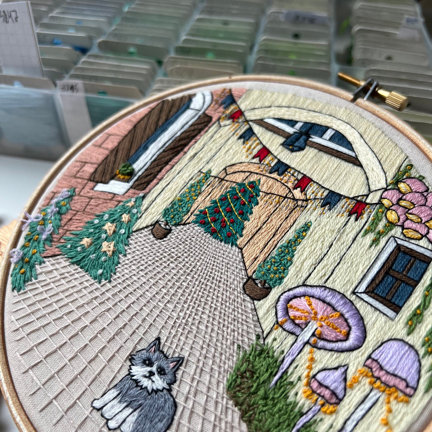Festive Street and a Cat - Hand Embroidery Pattern (PDF)