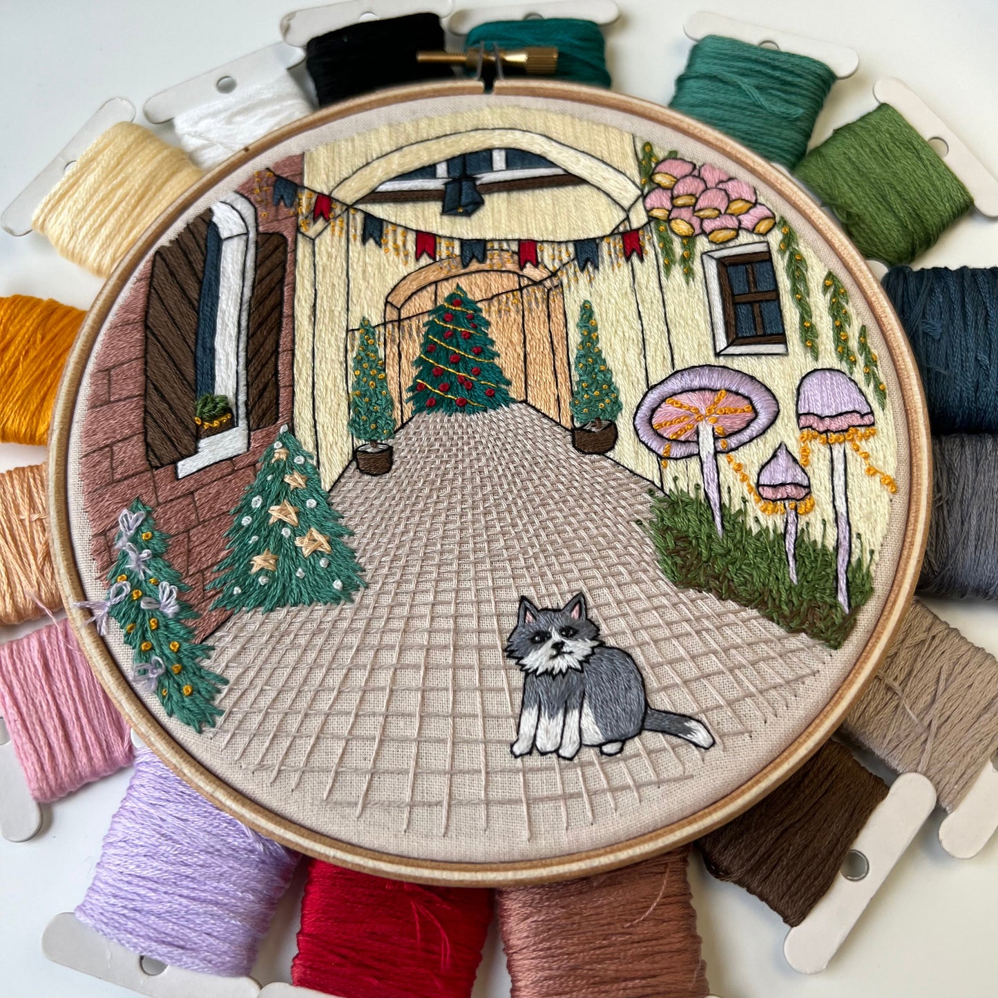 Festive Street and a Cat - Hand Embroidery Pattern (PDF)