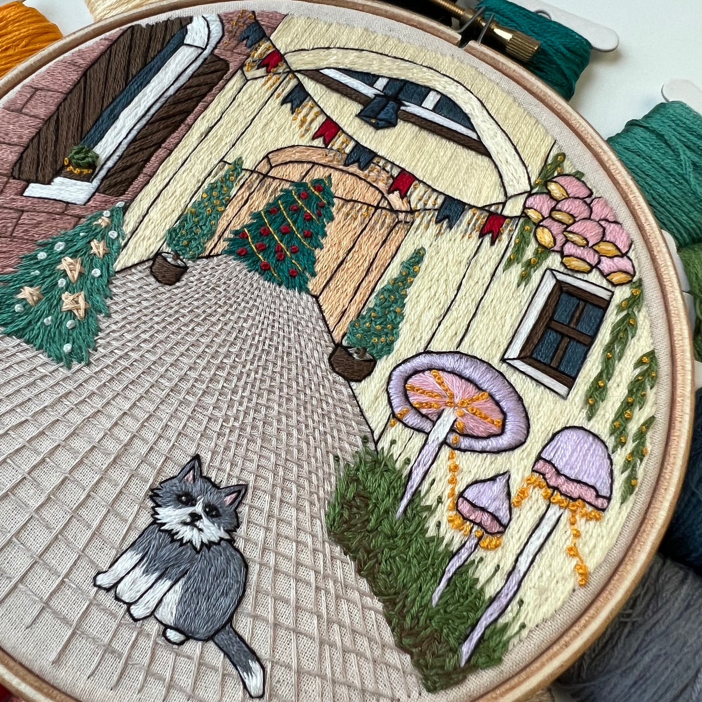 Festive Street and a Cat - Hand Embroidery Pattern (PDF)