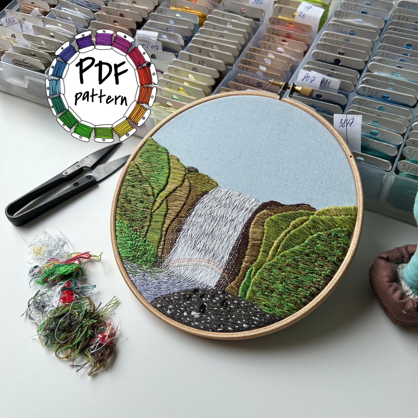 Waterfall, Skogafoss, Iceland - Hand Embroidery Pattern (PDF)