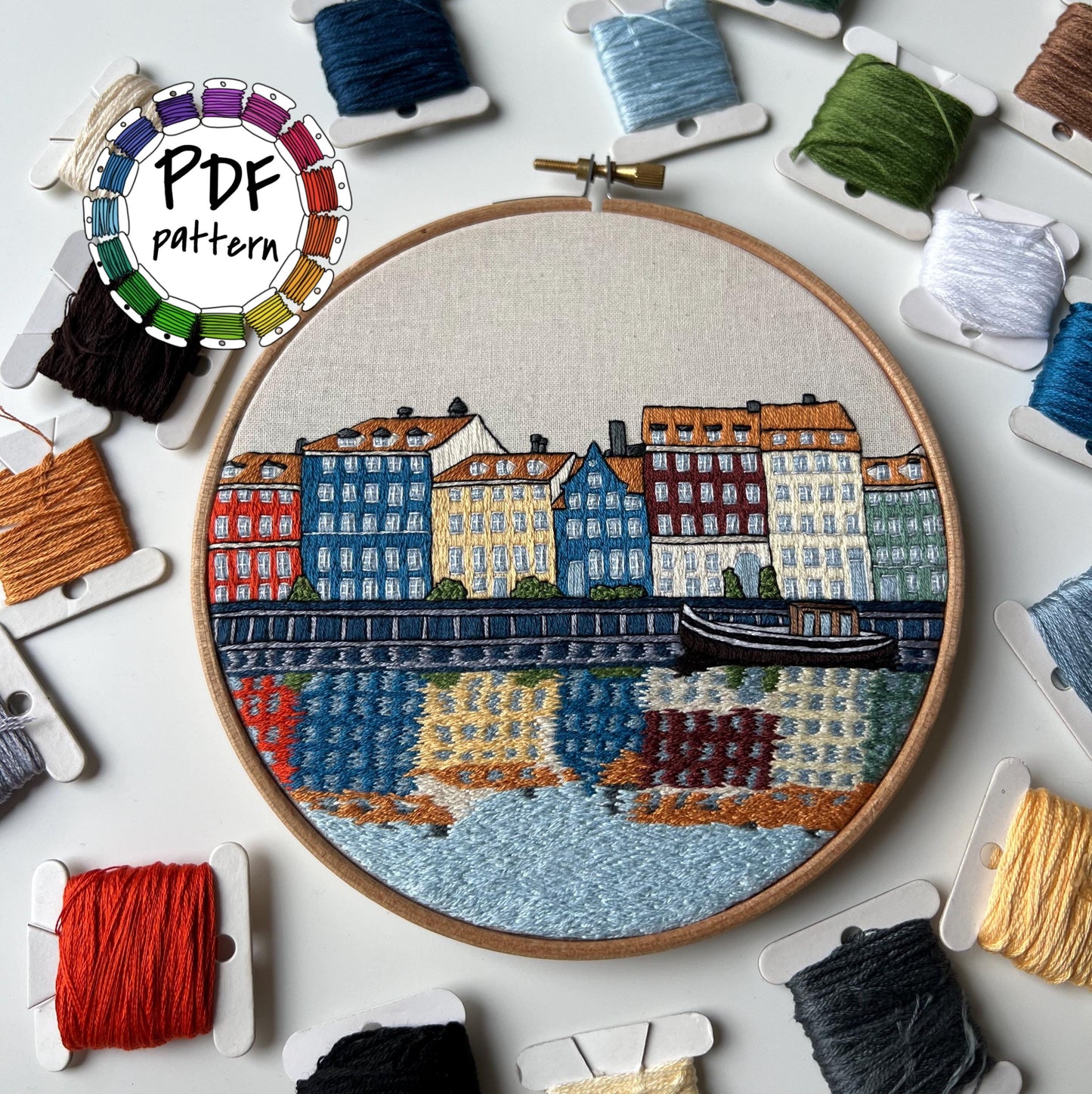 Nyhavn, Copenhagen, Denmark, Cityscape - Hand Embroidery Pattern (PDF)