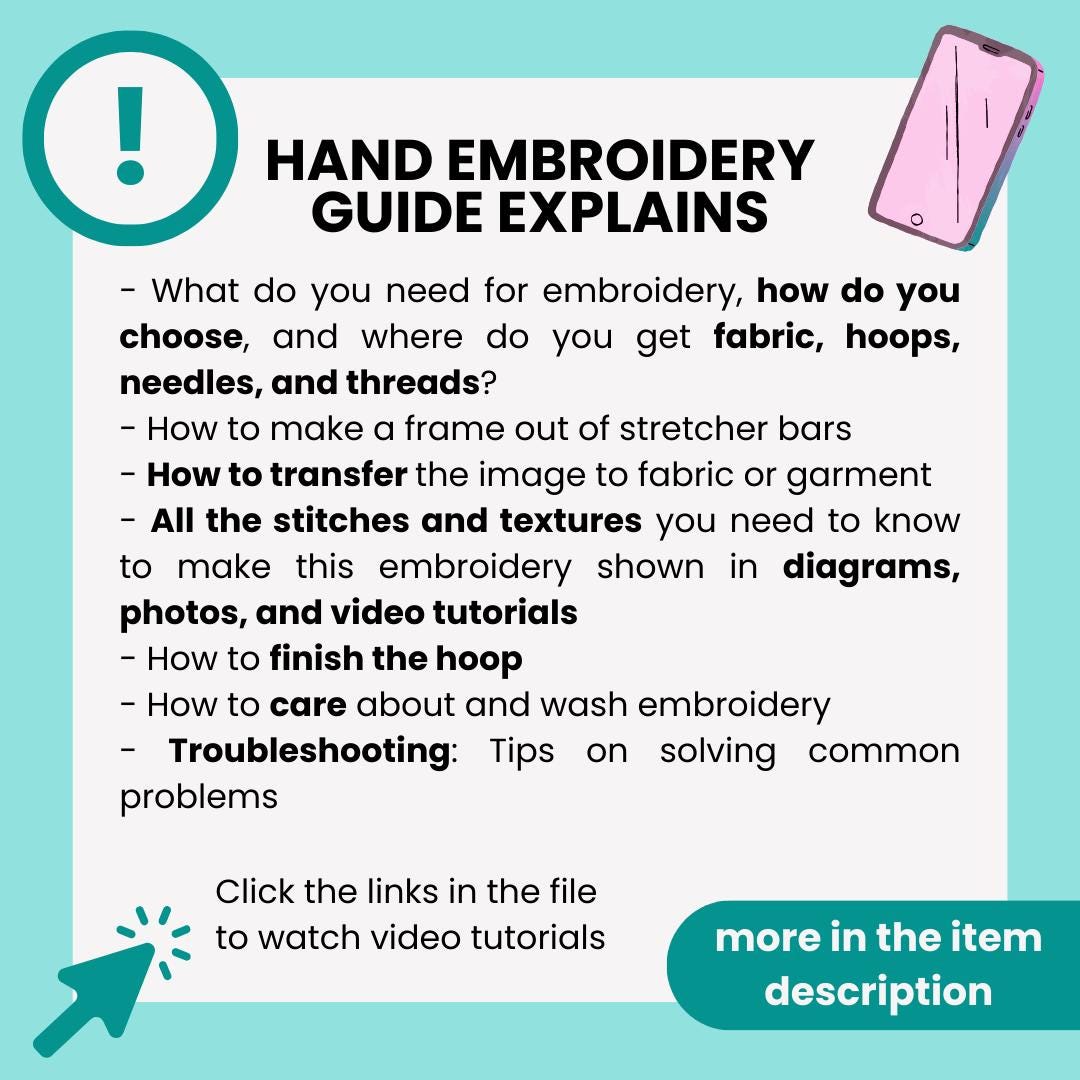 Hand embroidery guide with text and a pink phone on a teal background