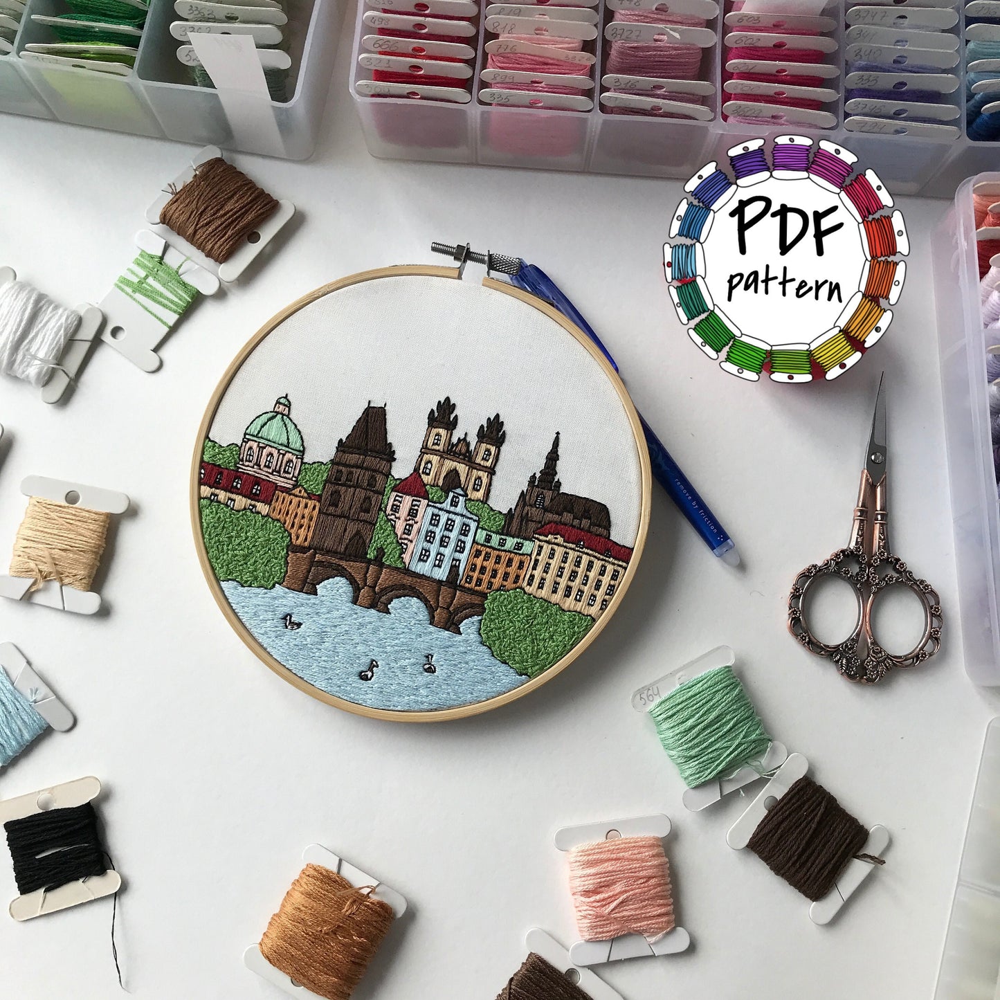 Prague, Czech Republic, Cityscape - Hand Embroidery Pattern (PDF)