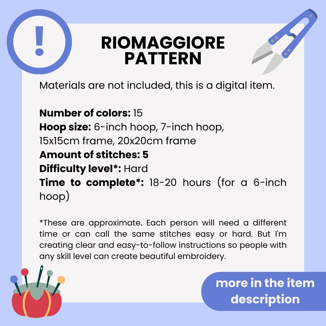 Riomaggiore, Italy, Harbor - Hand Embroidery Pattern (PDF)