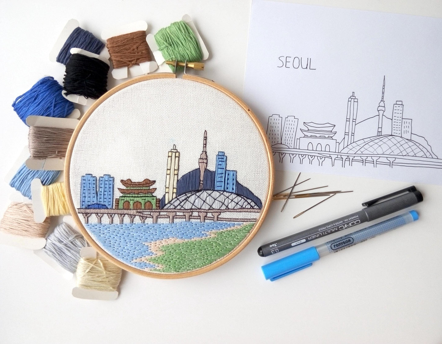 Seoul, South Korea, Cityscape - Hand Embroidery Pattern (PDF)