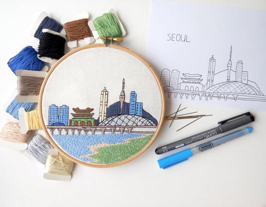 Seoul, Südkorea, Stadtbild – Handstickmuster (PDF)