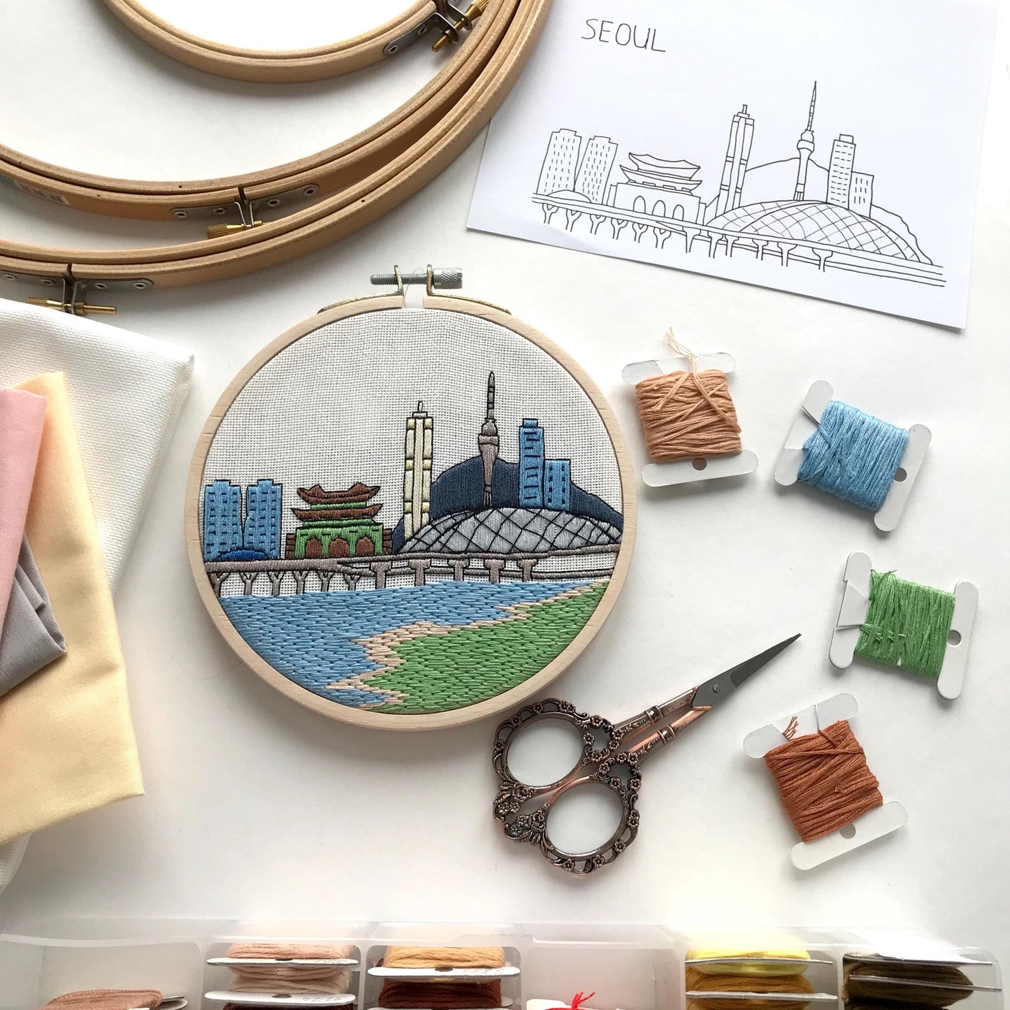 Seoul, South Korea, Cityscape - Hand Embroidery Pattern (PDF)