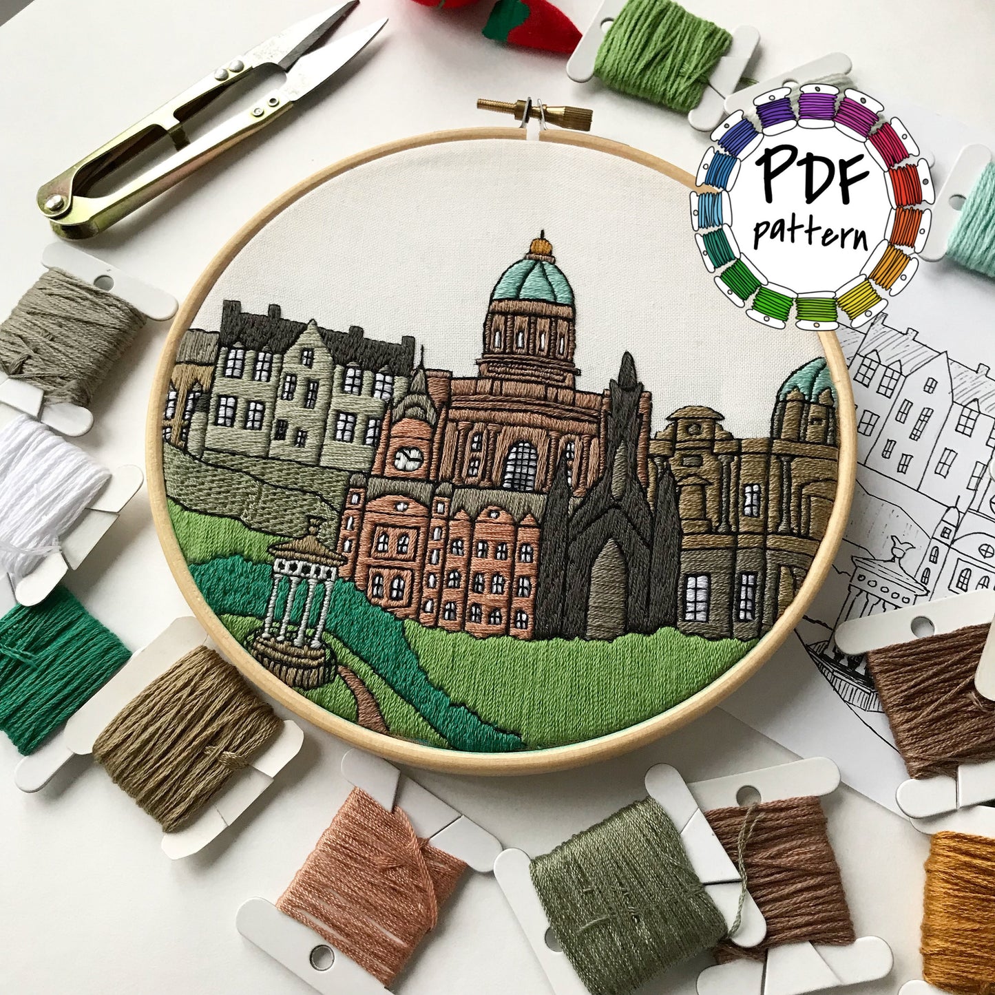 Edinburgh, Scotland, Cityscape - Hand Embroidery Pattern (PDF)