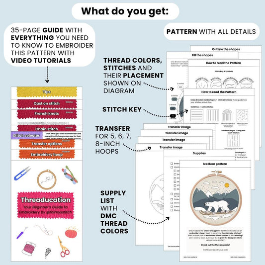 Polar Bear, Skiing - Hand Embroidery Pattern (PDF)