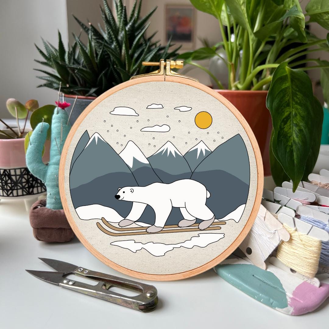 Polar Bear, Skiing - Hand Embroidery Pattern (PDF)