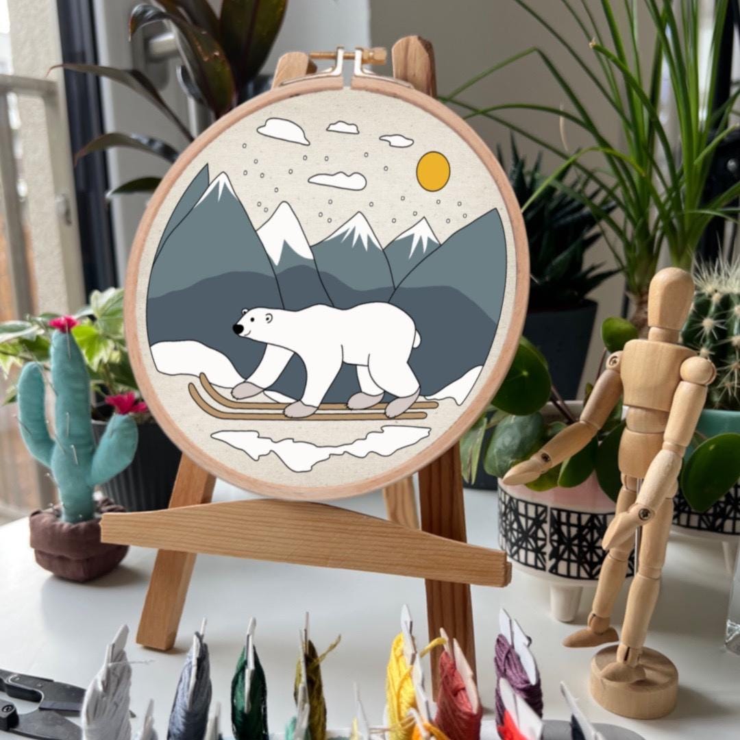 Polar Bear, Skiing - Hand Embroidery Pattern (PDF)