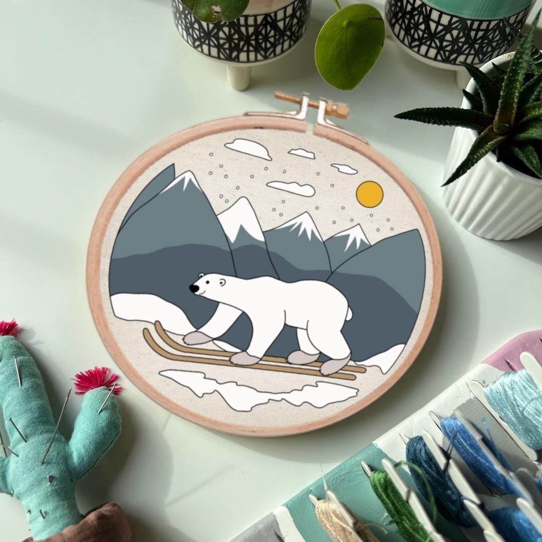Polar Bear, Skiing - Hand Embroidery Pattern (PDF)