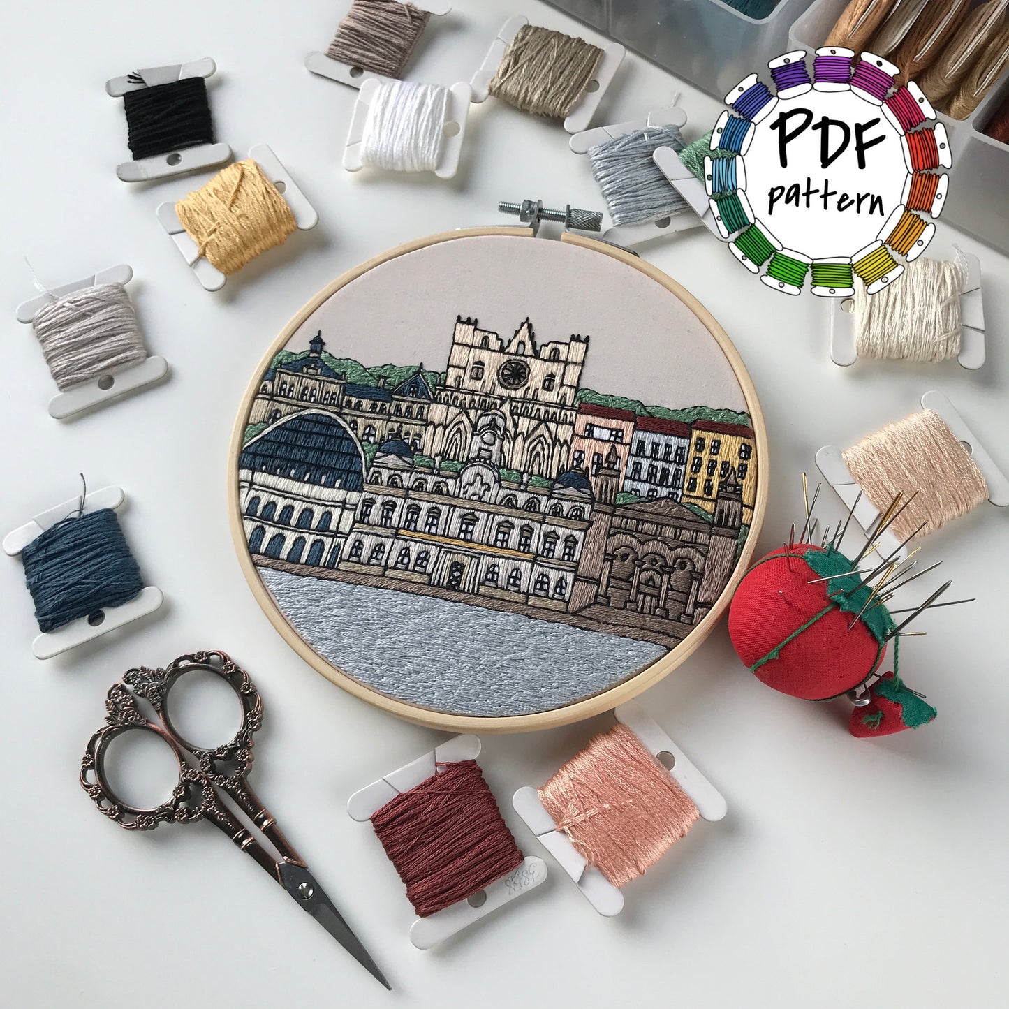 Lyon, France, Cityscape - Hand Embroidery Pattern (PDF)