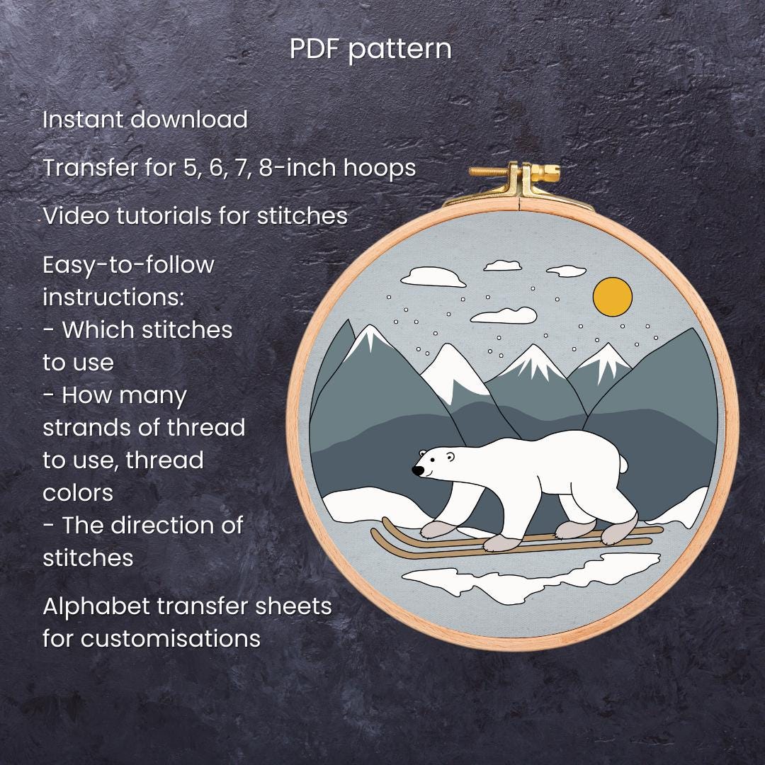 Polar Bear, Skiing - Hand Embroidery Pattern (PDF)