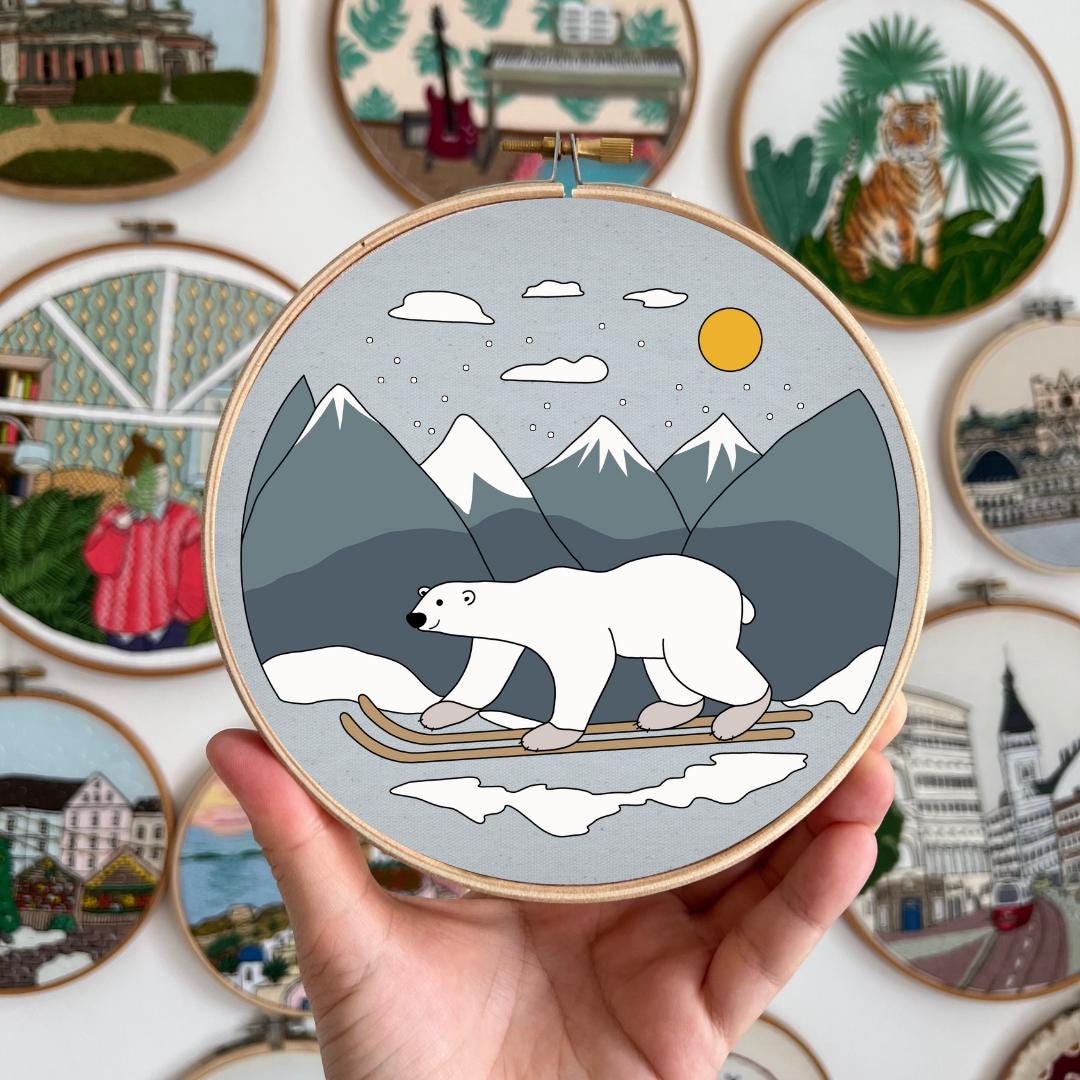 Polar Bear, Skiing - Hand Embroidery Pattern (PDF)