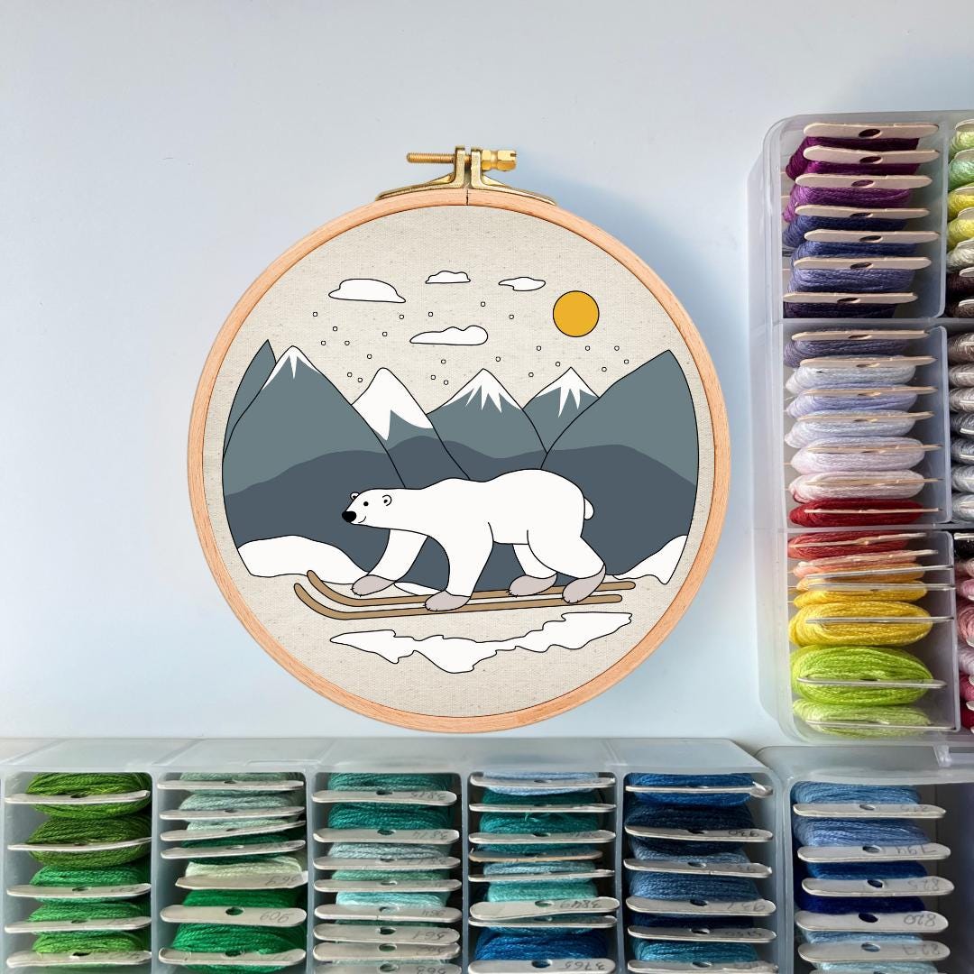 Polar Bear, Skiing - Hand Embroidery Pattern (PDF)