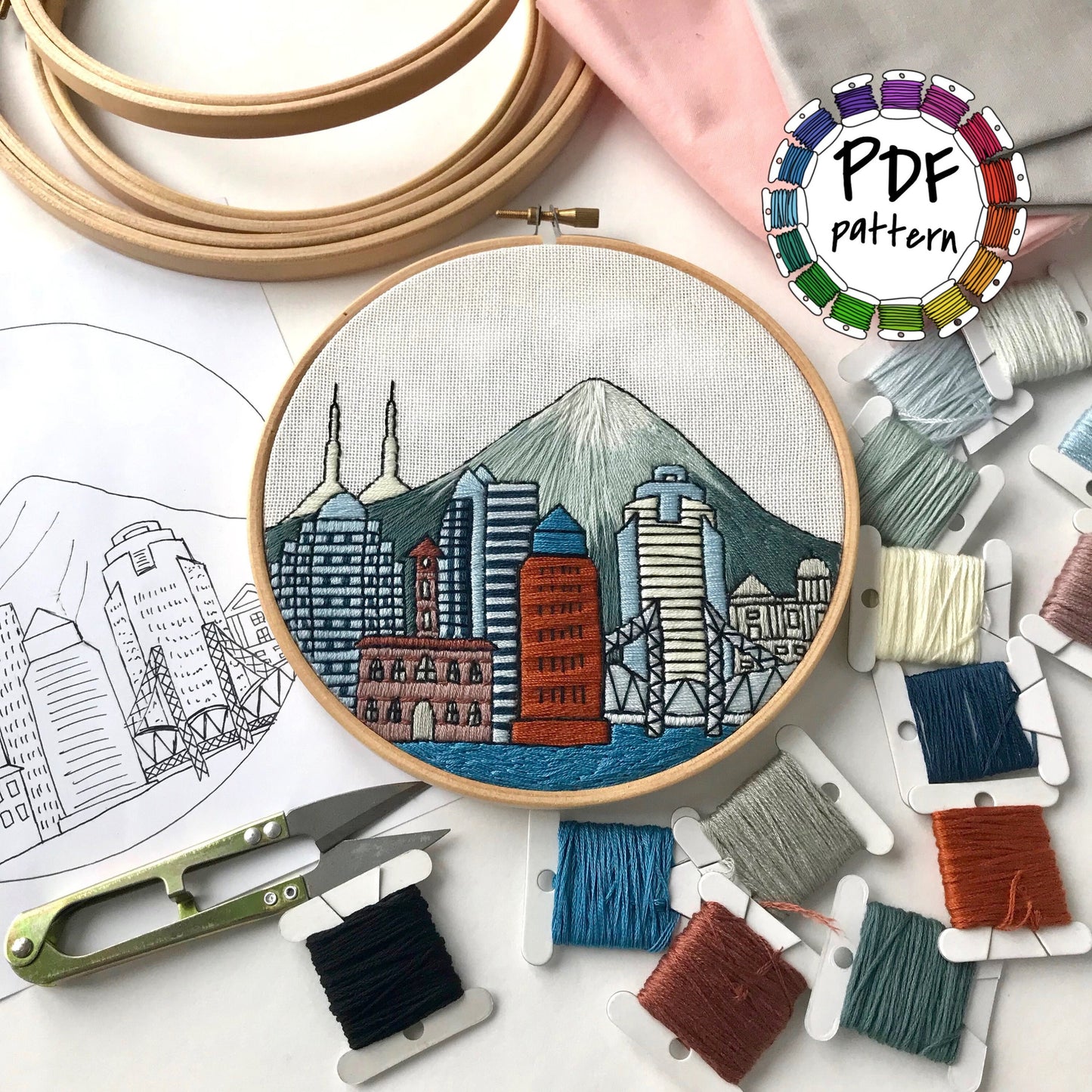 Portland OR, United States, Cityscape - Hand Embroidery Pattern (PDF)