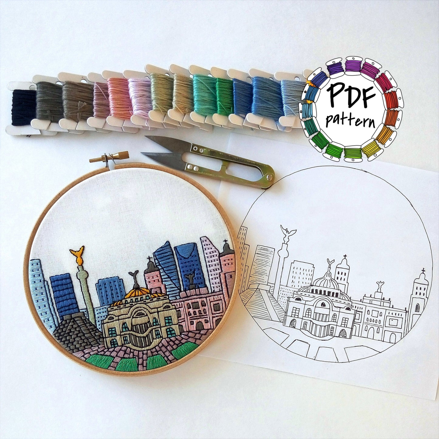 Mexico City, Mexico, Cityscape - Hand Embroidery Pattern (PDF)