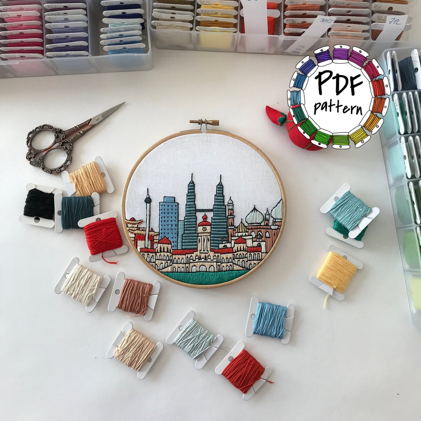 Kuala Lumpur, Malaysia, Cityscape - Hand Embroidery Pattern (PDF)