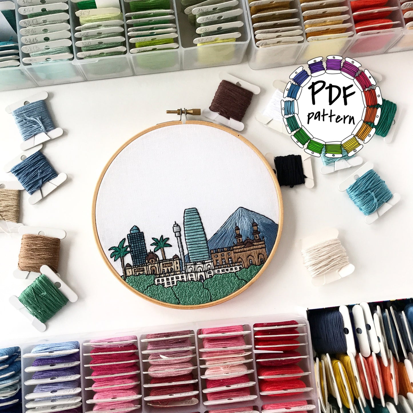 Santiago, Chile, Cityscape - Hand Embroidery Pattern (PDF)