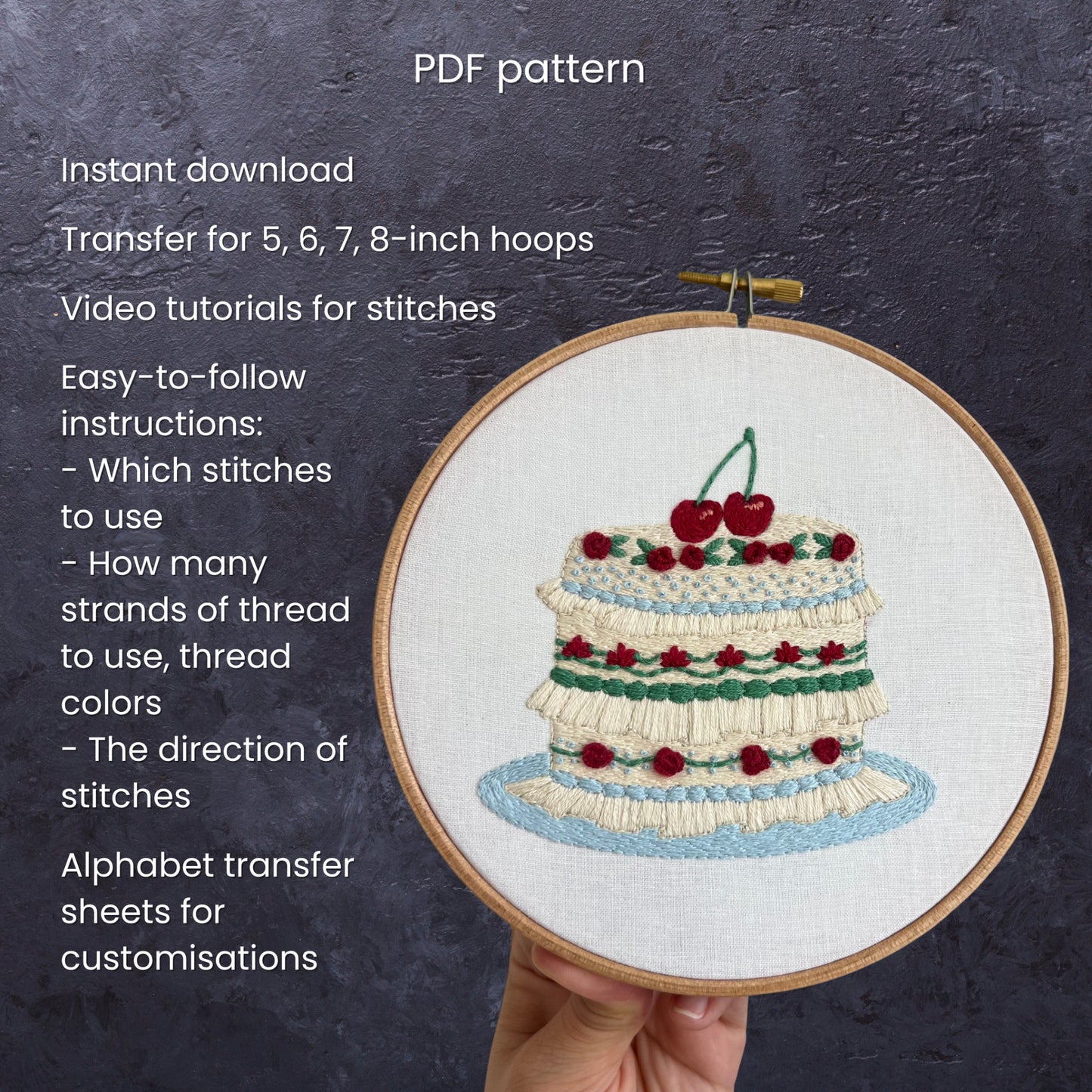 Cherry Ruffle Cake - Hand Embroidery Pattern (PDF)