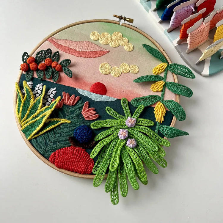 Complex advanced embroidery pattern showcasing intricate threadwork and techniques