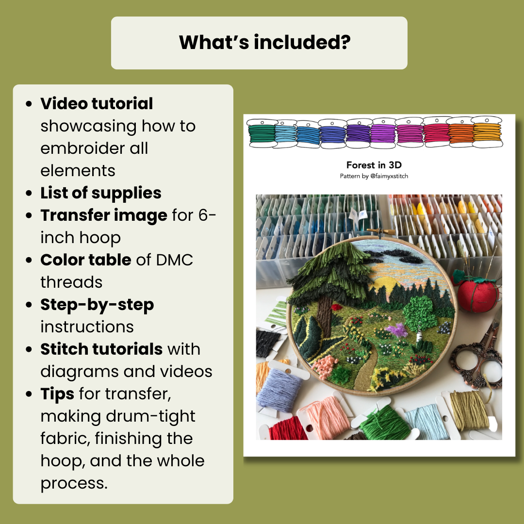 Forest Landscape with 3D elements - Hand Embroidery Pattern (PDF)