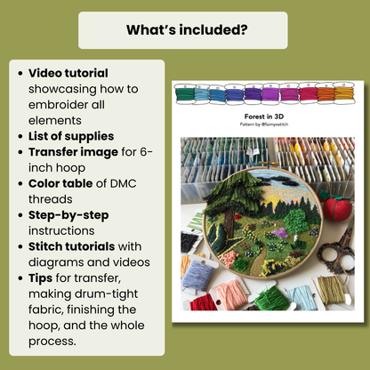 Forest Landscape with 3D elements - Hand Embroidery Pattern (PDF)