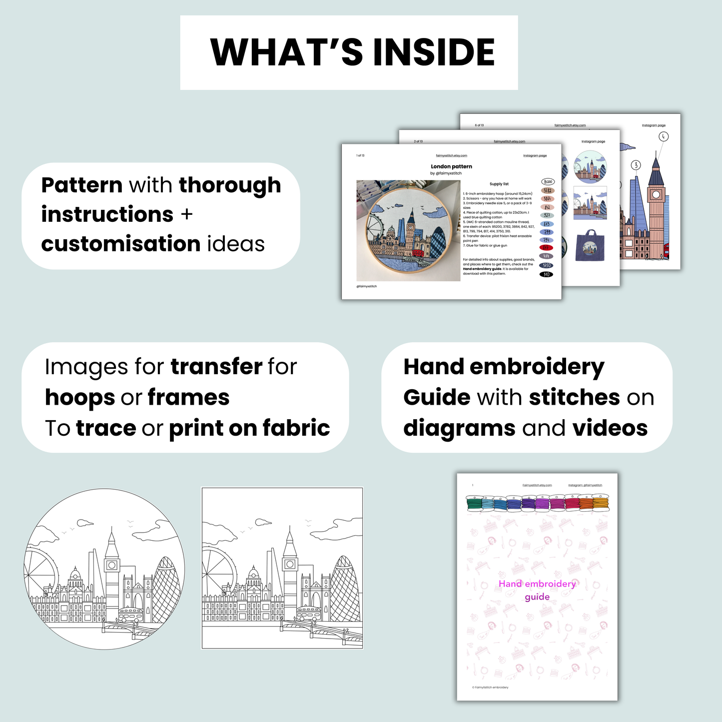 Hand embroidery pattern contents including pattern, instructions, images for transfer, and hand embroidery guide on a light blue background.