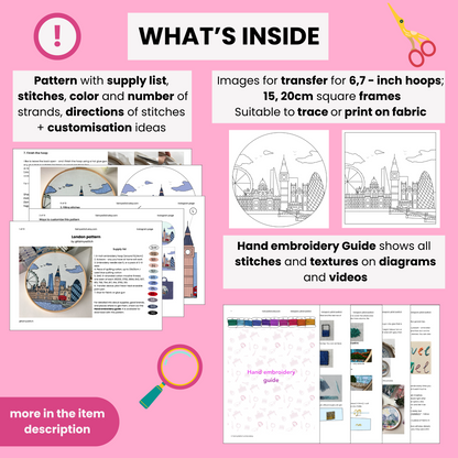 Hand embroidery kit with pattern, supply list, and guide on a pink background