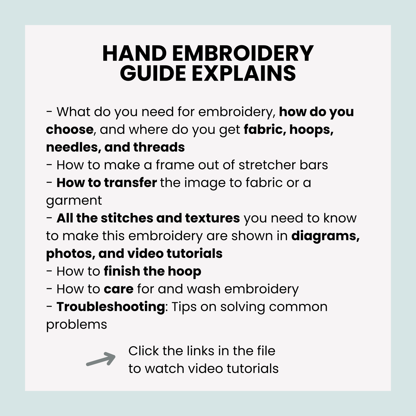 Hand embroidery guide text on a light blue background
