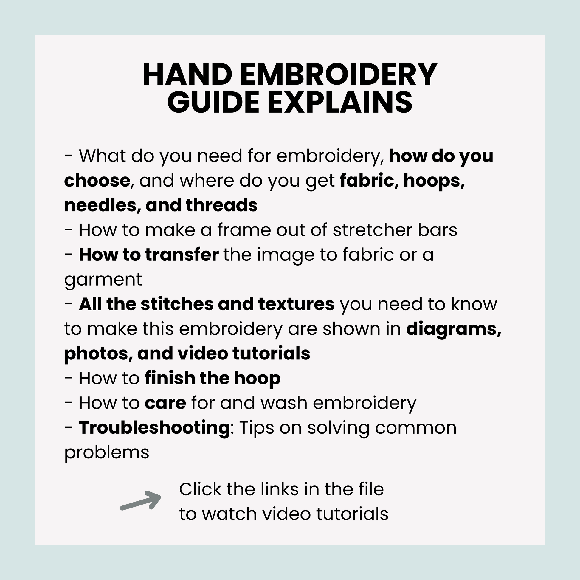 Hand embroidery guide text on a light blue background