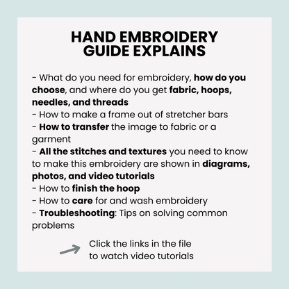 Hand embroidery guide text on a light blue background