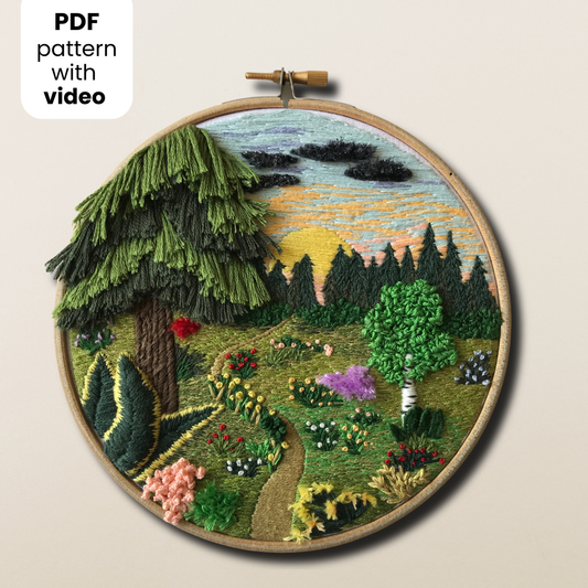 Forest Landscape with 3D elements - Hand Embroidery Pattern (PDF)