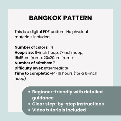 Bangkok, Thailand, Cityscape - Hand Embroidery Pattern (PDF)