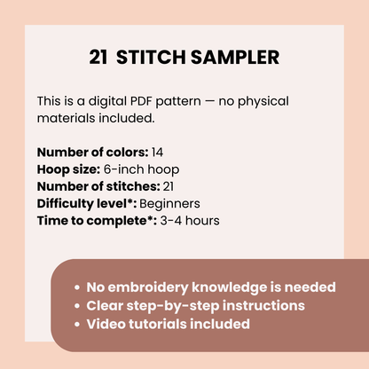 21 Stitch Sampler - Hand Embroidery Pattern (PDF)