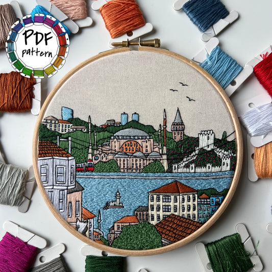 Embroidery hoop with Istanbul cityscape design surrounded by bobbins of thread