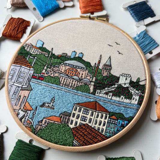 Embroidery hoop with a colorful cityscape design surrounded by spools of thread.